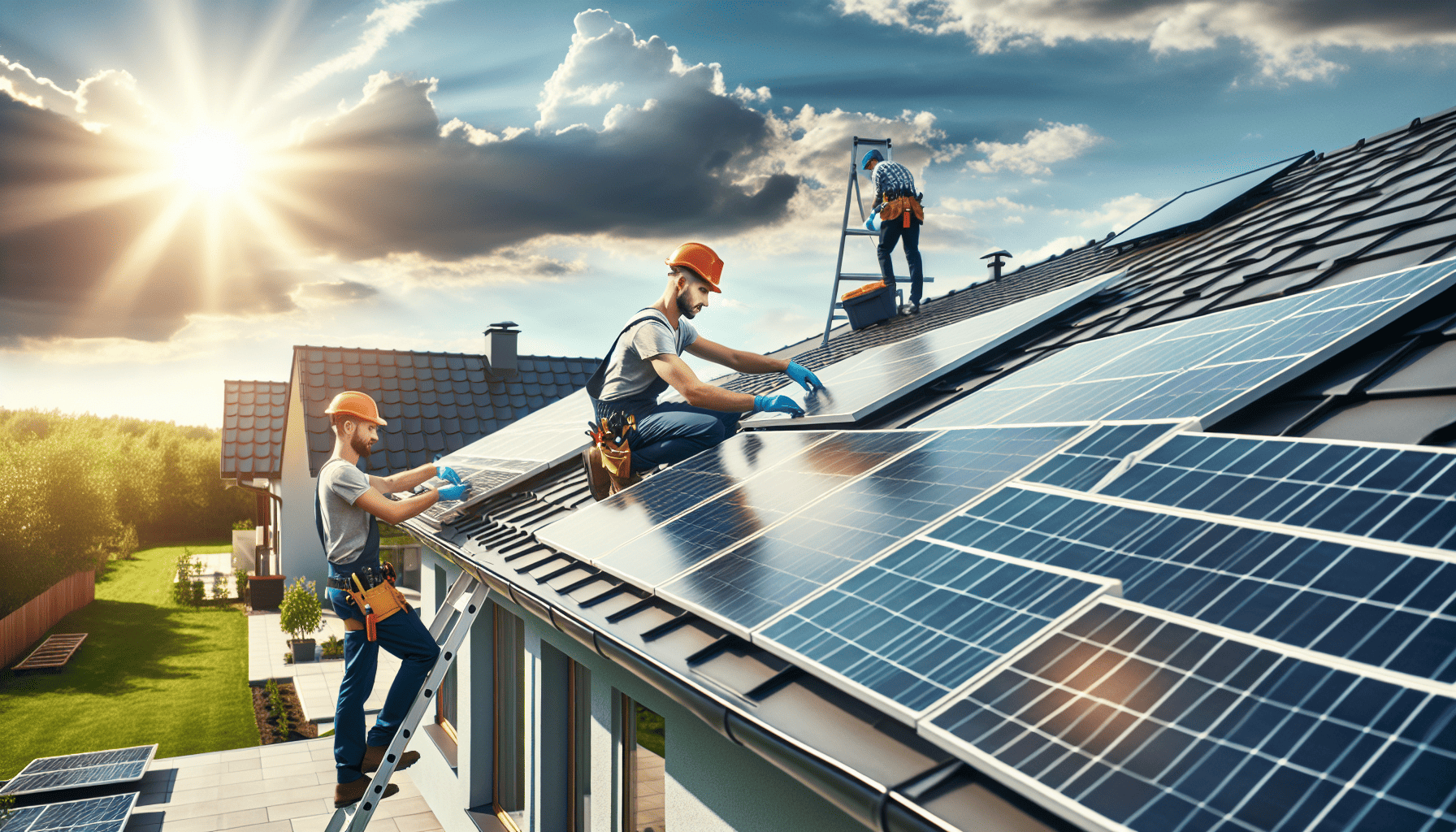 Solar panel installation on a house roof